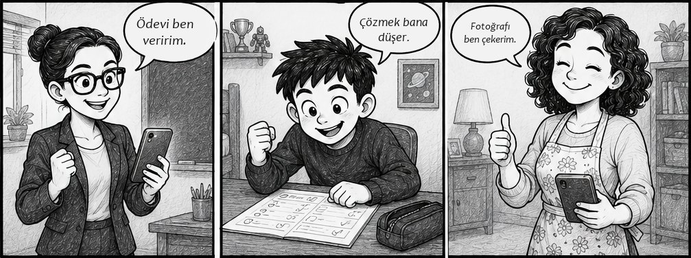 Üç bölmeli karikatür. Solda okulda gözlüklü öğretmen, elinde telefon: "Ödevi ben veririm." Ortada evde masasında test çözen çocuk: "Çözmek bana düşer." Sağda evde önlüklü anne, elinde telefon: "Fotoğrafı ben çekerim." Üçü ayrı yerlerde ve üçü de gülümsüyor.